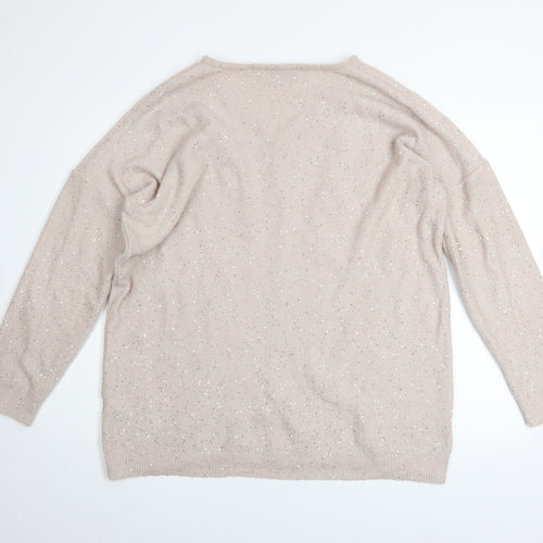 Wallis Womens Beige Sequin V-Neck Long Sleeve Pullover Jumper L