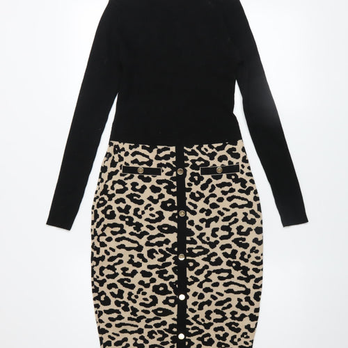 QUIZ Women’s Black Beige Leopard Print Bodycon Knit Dress Size S