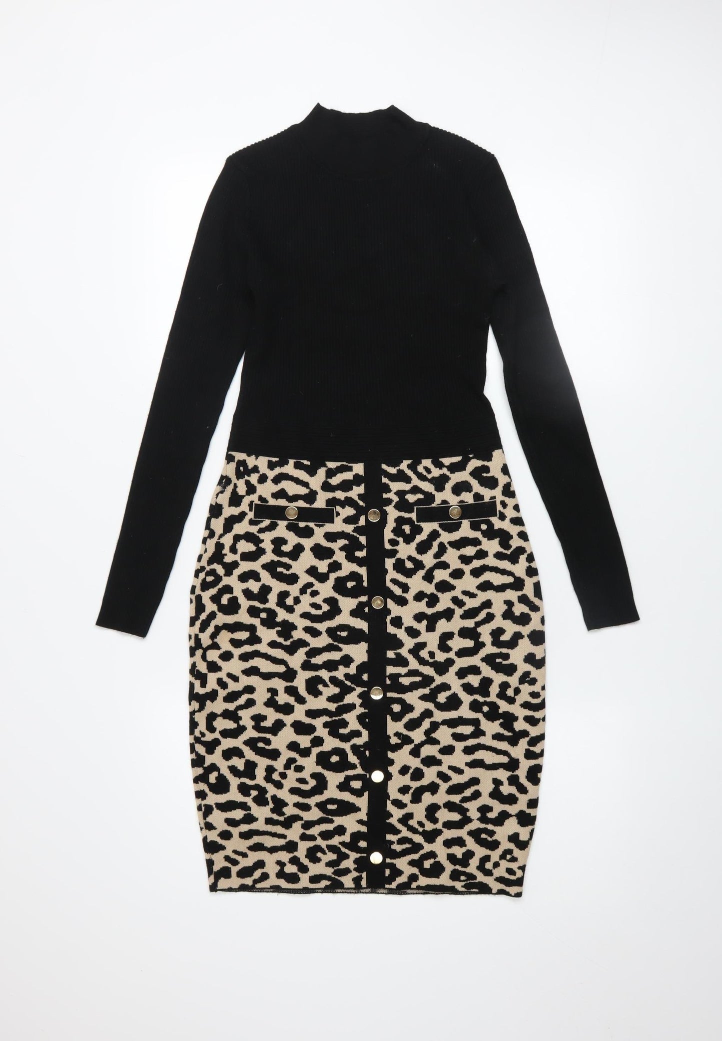 QUIZ Women’s Black Beige Leopard Print Bodycon Knit Dress Size S