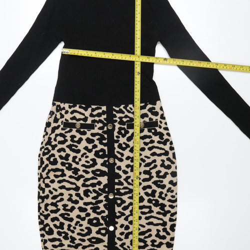 QUIZ Women’s Black Beige Leopard Print Bodycon Knit Dress Size S