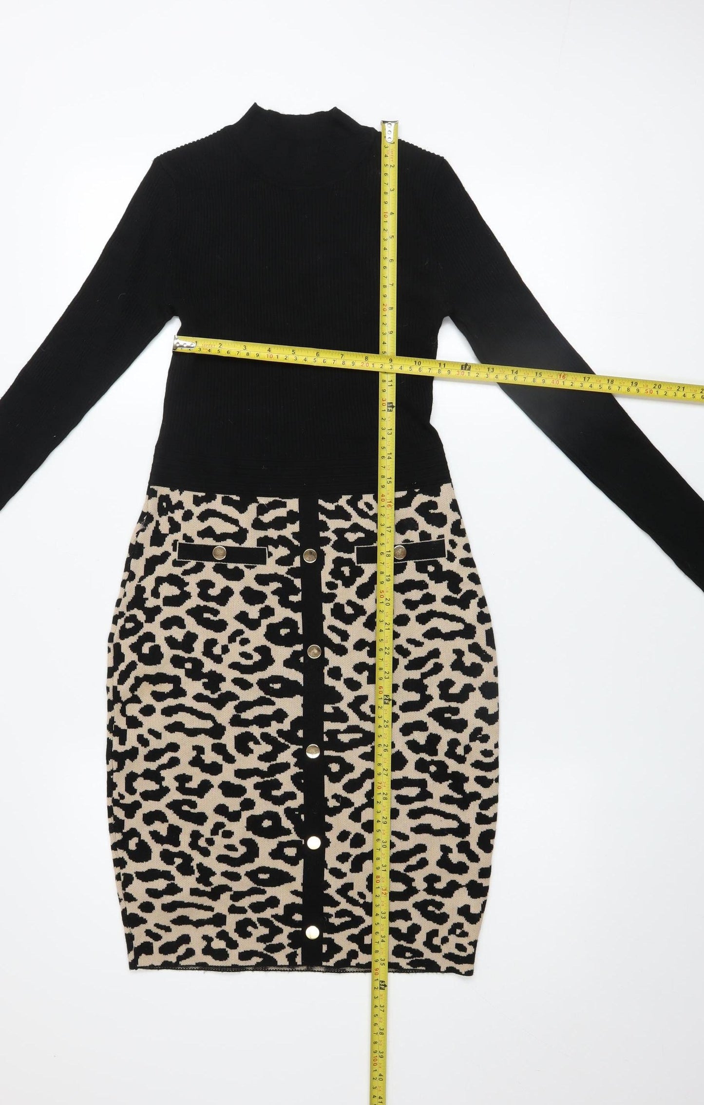 QUIZ Women’s Black Beige Leopard Print Bodycon Knit Dress Size S