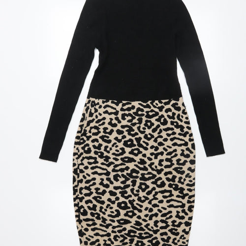 QUIZ Women’s Black Beige Leopard Print Bodycon Knit Dress Size S