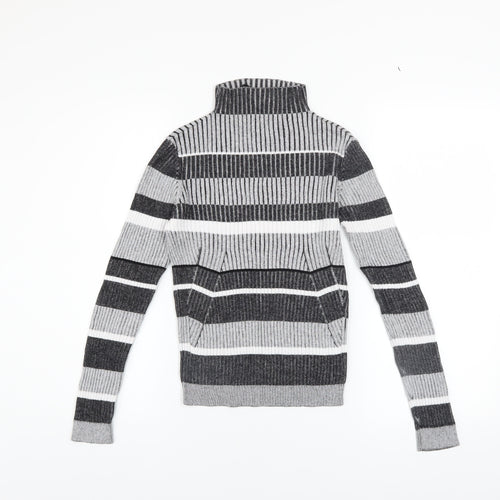 Vero Moda Women's Grey Striped Roll Neck Ribbed Jumper Size M