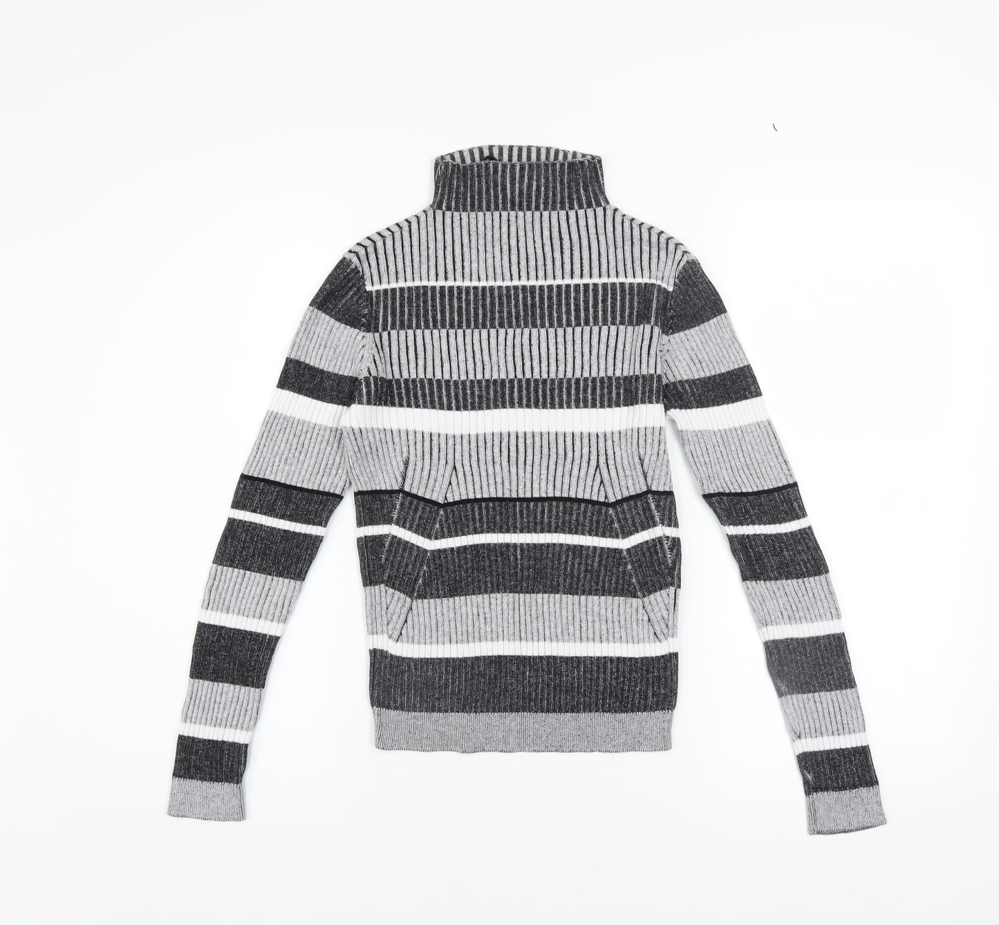Vero Moda Women's Grey Striped Roll Neck Ribbed Jumper Size M