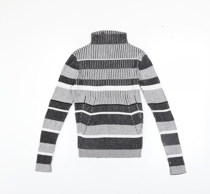 Vero Moda Women's Grey Striped Roll Neck Ribbed Jumper Size M