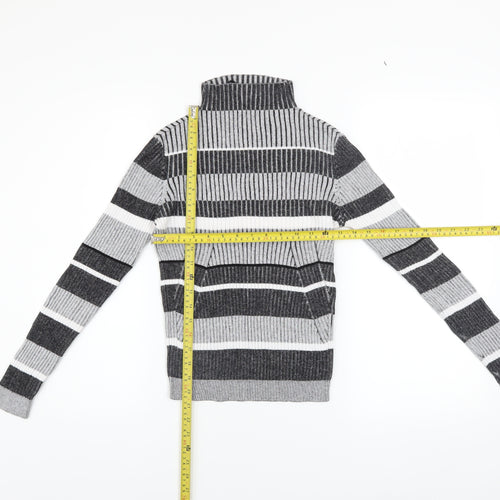 Vero Moda Women's Grey Striped Roll Neck Ribbed Jumper Size M