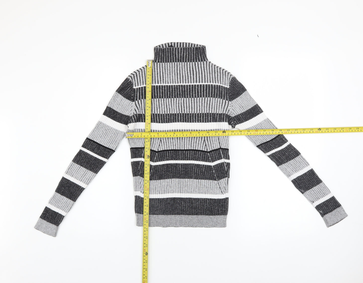 Vero Moda Women's Grey Striped Roll Neck Ribbed Jumper Size M