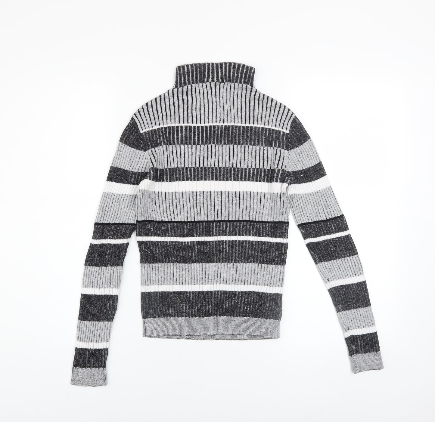 Vero Moda Women's Grey Striped Roll Neck Ribbed Jumper Size M