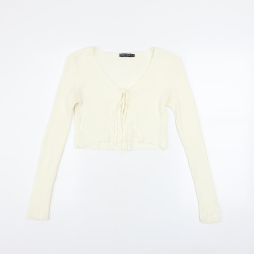 Nasty Gal Women's Ivory Cropped Knit Long Sleeve Tie Top Size S