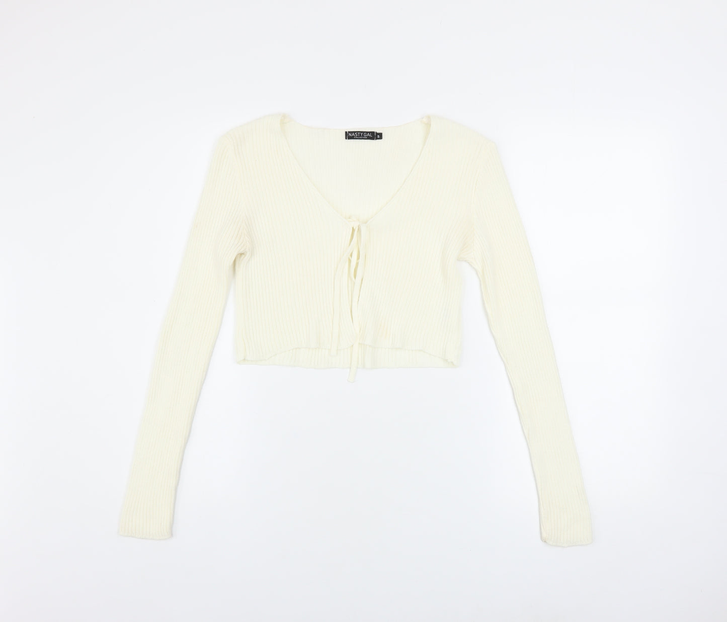 Nasty Gal Women's Ivory Cropped Knit Long Sleeve Tie Top Size S