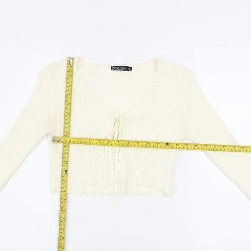 Nasty Gal Women's Ivory Cropped Knit Long Sleeve Tie Top Size S