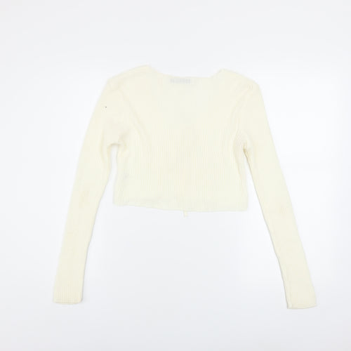 Nasty Gal Women's Ivory Cropped Knit Long Sleeve Tie Top Size S