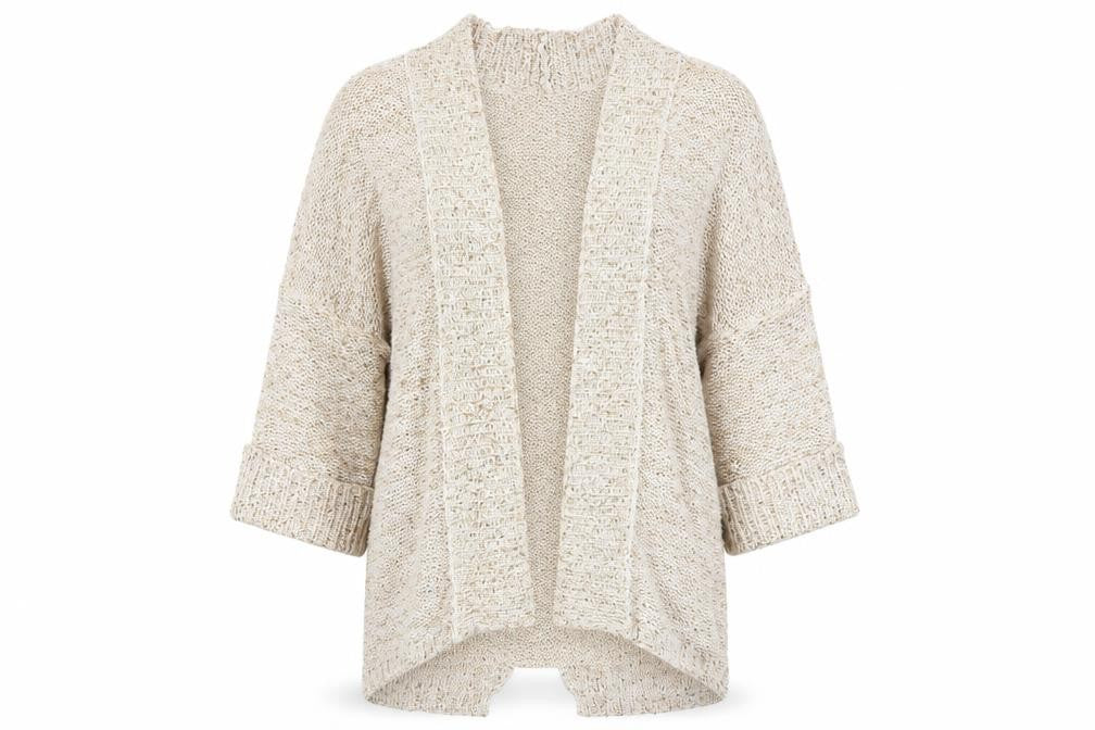 Front view of Ribbon Women Beige Sequin Knit Open Cardigan, size 10