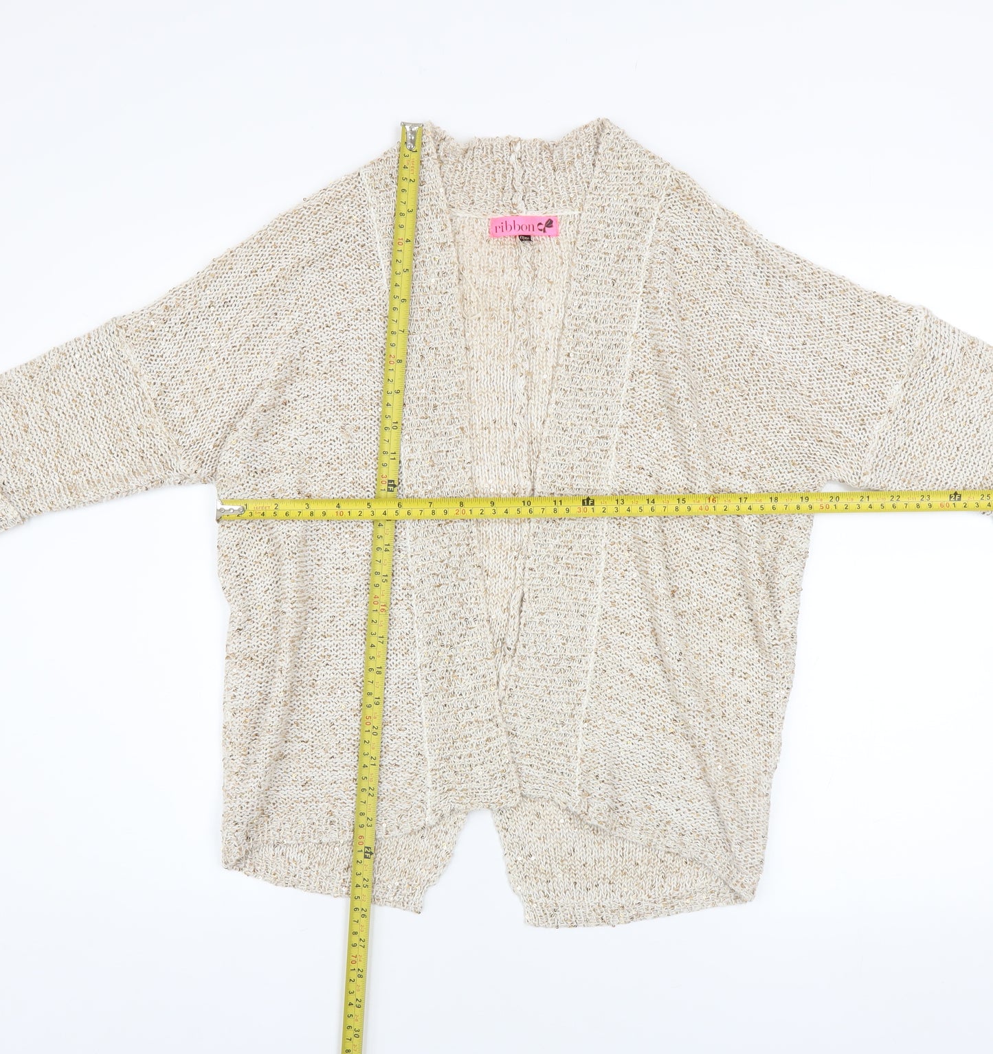 Ribbon Women Beige Sequin Knit Open Cardigan Size 10