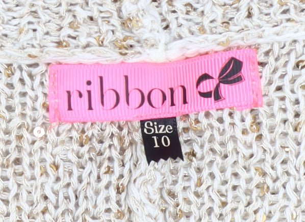Ribbon Women Beige Sequin Knit Open Cardigan Size 10