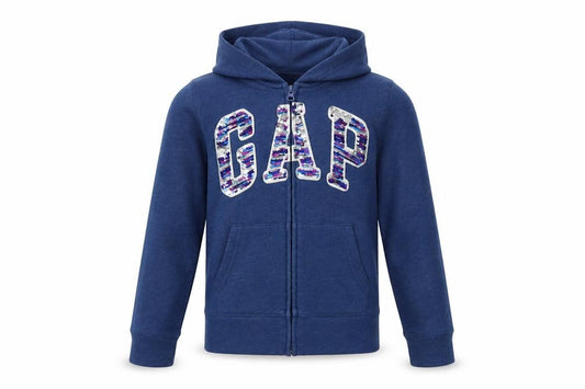 Front view of Gap Kids girls’ blue sequin logo full zip hoodie 12-13 years