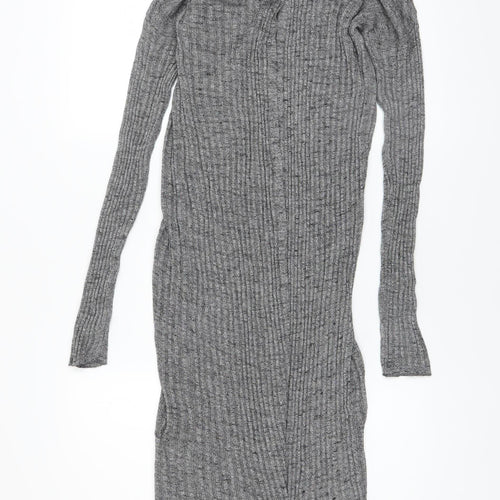 Bershka Women Grey Long Rib Knit Open Cardigan L