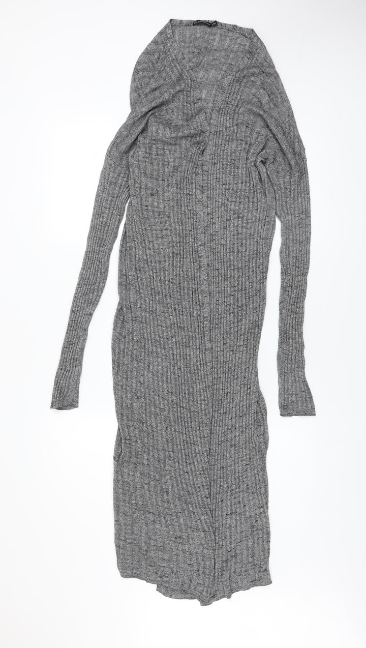 Bershka Women Grey Long Rib Knit Open Cardigan L