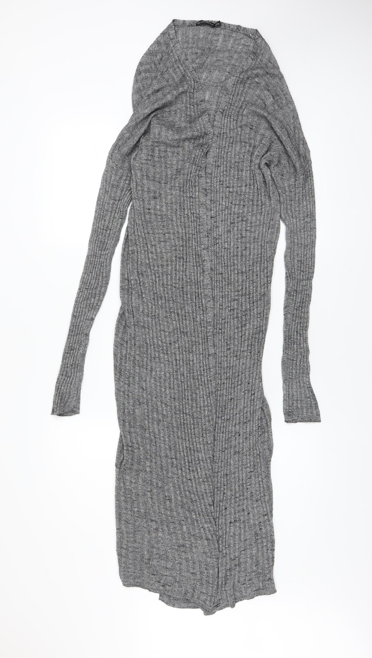 Bershka Women Grey Long Rib Knit Open Cardigan L