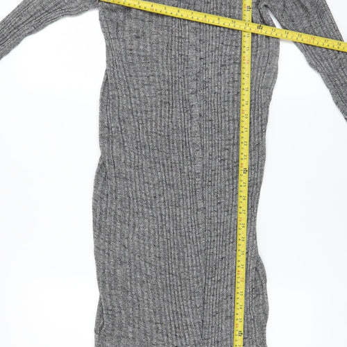 Bershka Women Grey Long Rib Knit Open Cardigan L