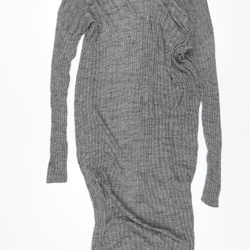 Bershka Women Grey Long Rib Knit Open Cardigan L