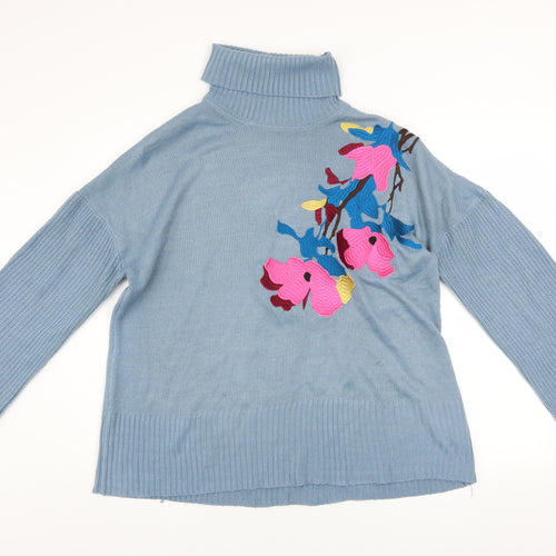 Lost Ink Women’s Blue Floral Roll Neck Jumper Size 10 Acrylic Knit
