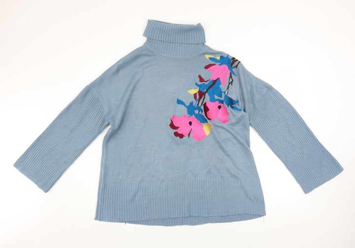 Lost Ink Women’s Blue Floral Roll Neck Jumper Size 10 Acrylic Knit