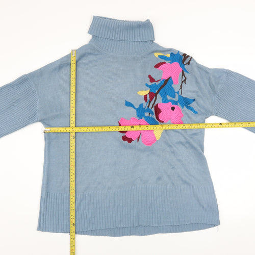 Lost Ink Women’s Blue Floral Roll Neck Jumper Size 10 Acrylic Knit
