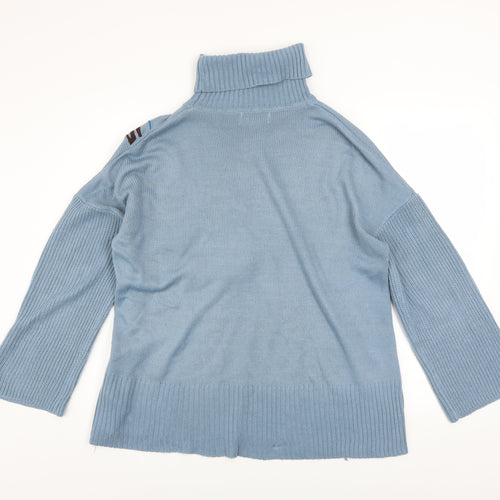 Lost Ink Women’s Blue Floral Roll Neck Jumper Size 10 Acrylic Knit
