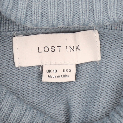 Lost Ink Women’s Blue Floral Roll Neck Jumper Size 10 Acrylic Knit