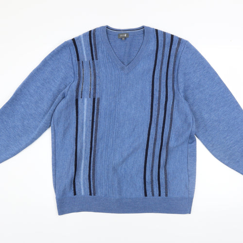 Wolsey Men's Blue Striped Wool Blend V-Neck Pullover Jumper Size M