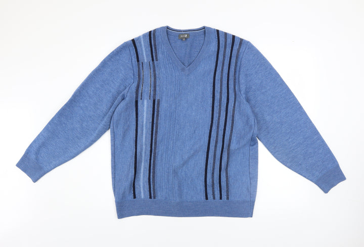 Wolsey Men's Blue Striped Wool Blend V-Neck Pullover Jumper Size M