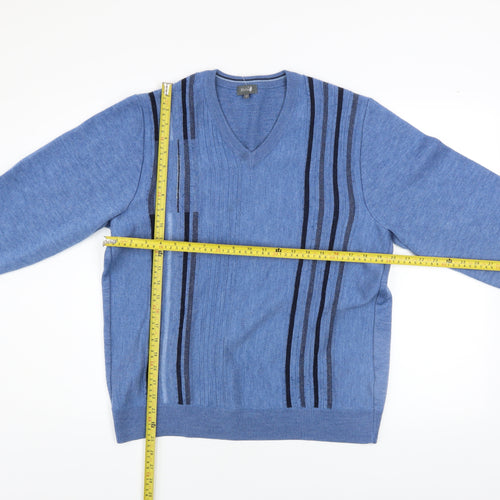 Wolsey Men's Blue Striped Wool Blend V-Neck Pullover Jumper Size M