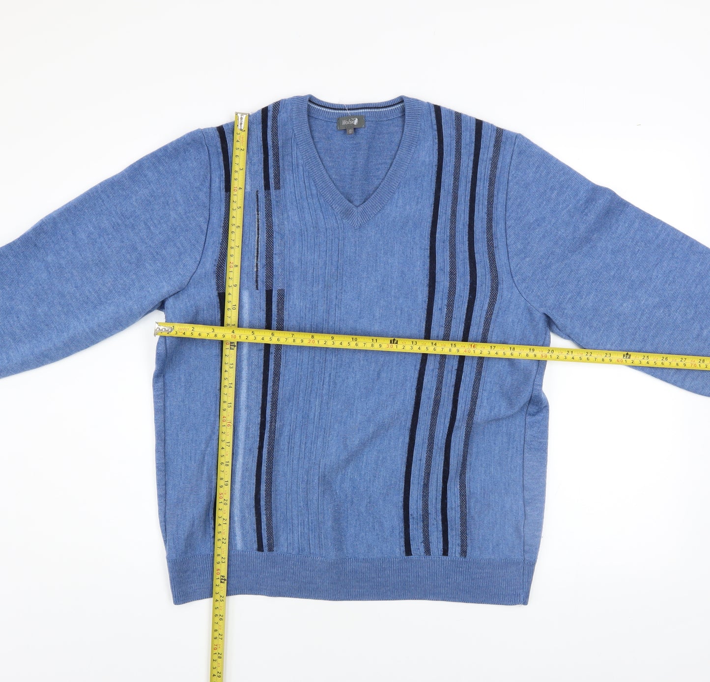 Wolsey Men's Blue Striped Wool Blend V-Neck Pullover Jumper Size M
