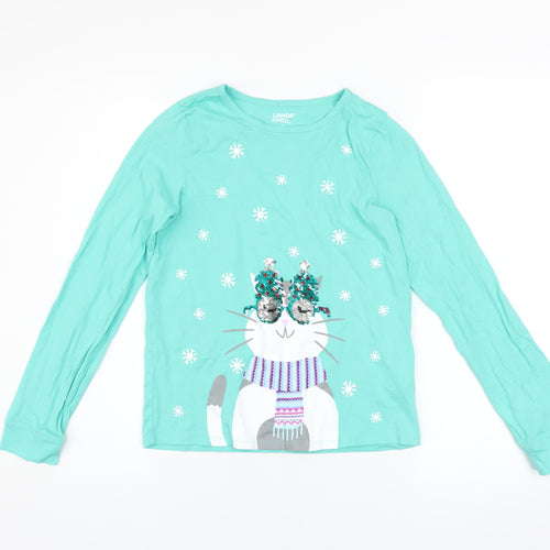 Lands' End Girls Green Sequin Cat Long Sleeve Cotton T-Shirt Size 10-12 Years