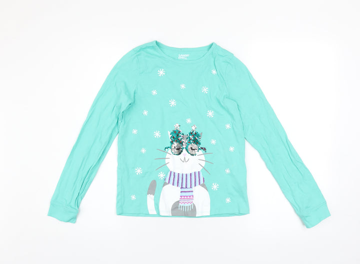 Lands' End Girls Green Sequin Cat Long Sleeve Cotton T-Shirt Size 10-12 Years