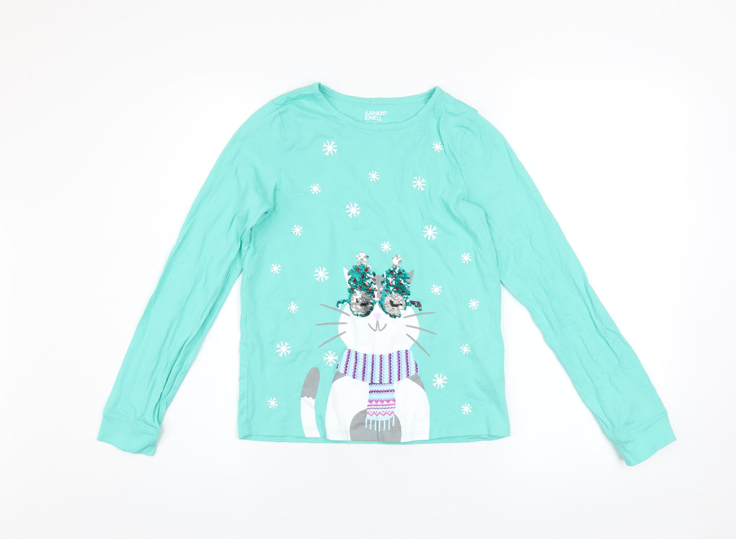Lands' End Girls Green Sequin Cat Long Sleeve Cotton T-Shirt Size 10-12 Years