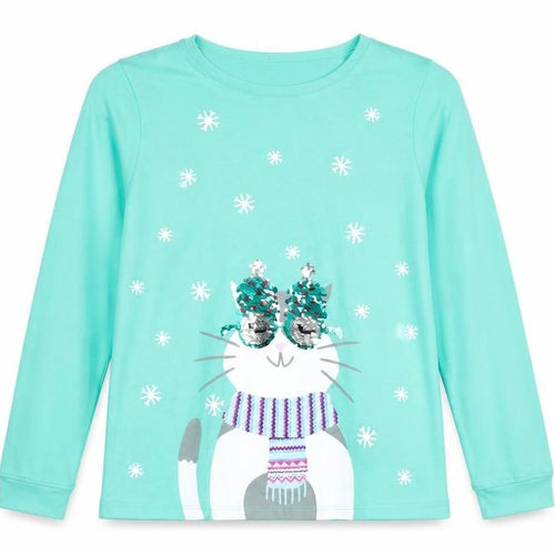 Lands' End Girls Green Sequin Cat Long Sleeve Cotton T-Shirt Size 10-12 Years