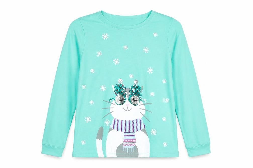 Lands' End Girls Green Sequin Cat Long Sleeve Cotton T-Shirt Size 10-12 Years