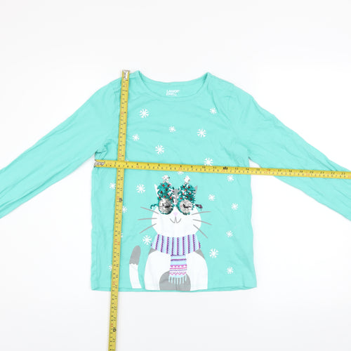 Lands' End Girls Green Sequin Cat Long Sleeve Cotton T-Shirt Size 10-12 Years