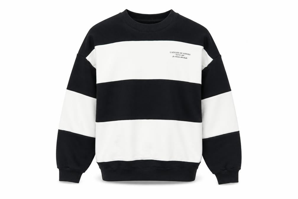Front view of Dunnes Men's Black & White Striped Sweatshirt XS Crew Neck Pullover