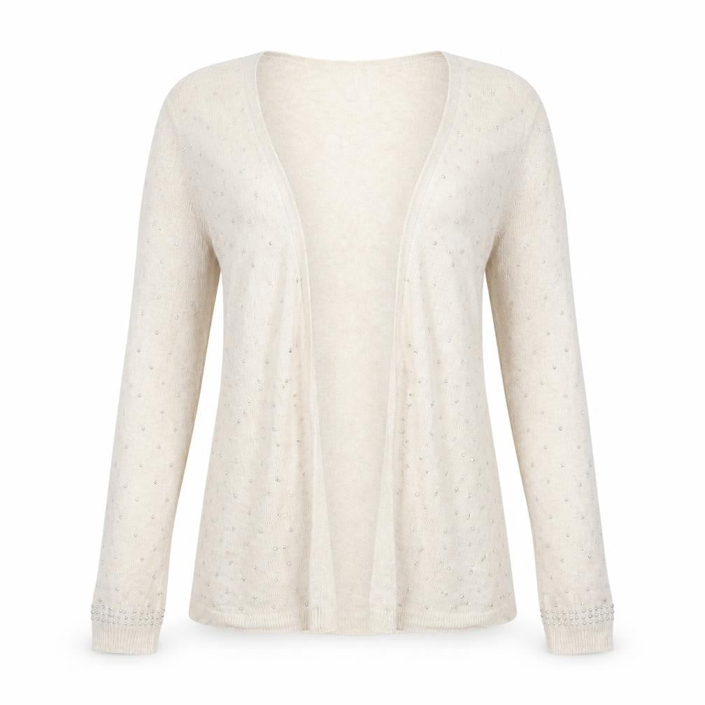 Front view of River Island women’s beige beaded open knit cardigan, size UK 6