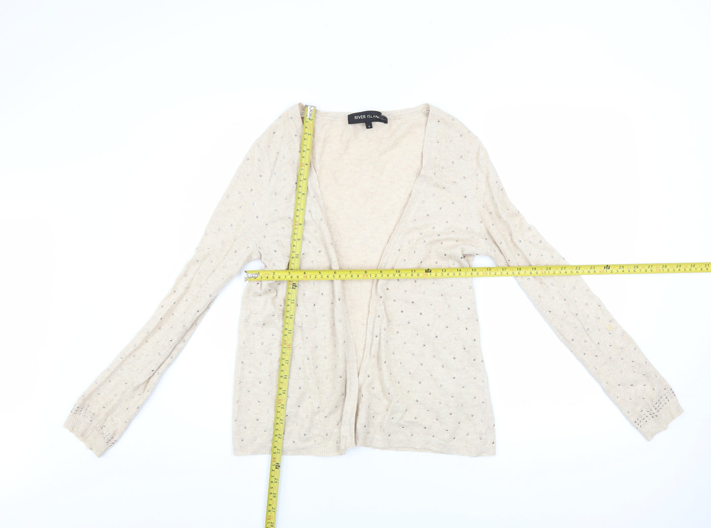 River Island Womens Beige Beaded Open Knit Cardigan Size 6