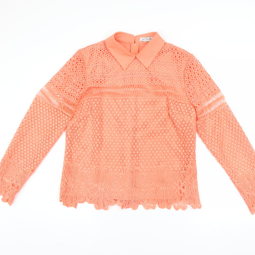 Kyla Women Orange Lace Collared Long Sleeve Blouse Size 4