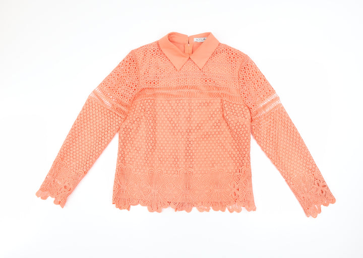 Kyla Women Orange Lace Collared Long Sleeve Blouse Size 4