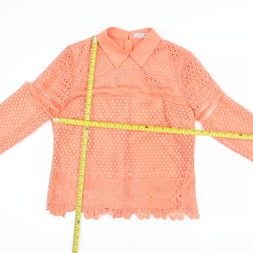 Kyla Women Orange Lace Collared Long Sleeve Blouse Size 4