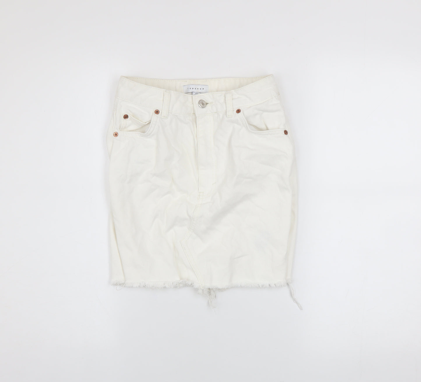 Topshop Women White Size 6 Denim Short Frayed Pencil Skirt