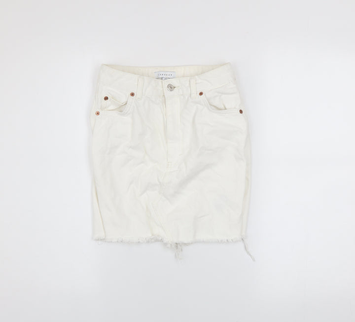 Topshop Women White Size 6 Denim Short Frayed Pencil Skirt