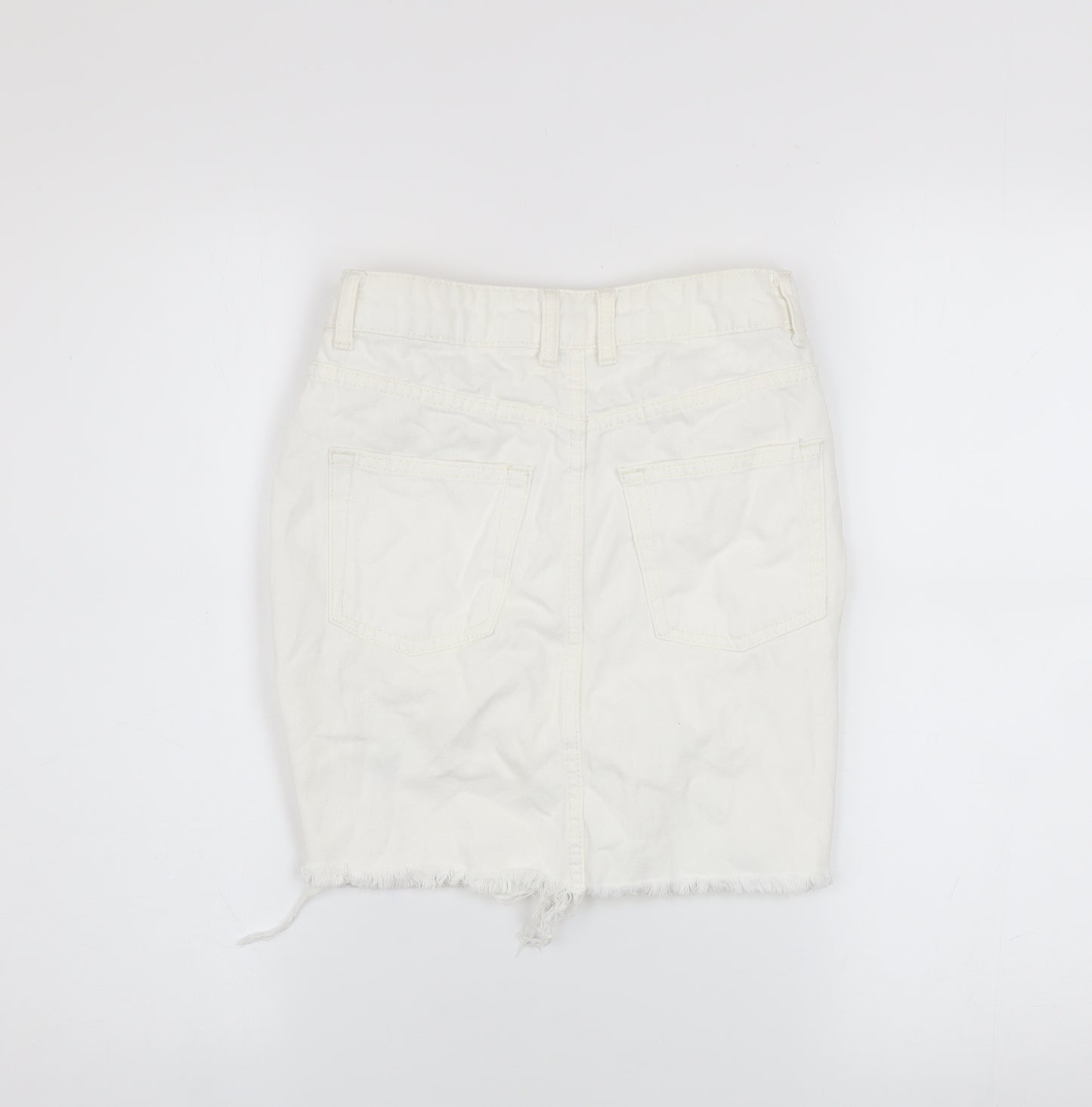 Topshop Women White Size 6 Denim Short Frayed Pencil Skirt