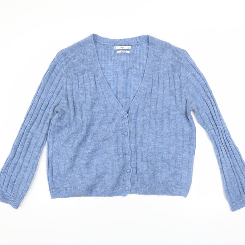 MNG Women’s Blue Wool Blend Ribbed V-Neck Button Cardigan Size 8